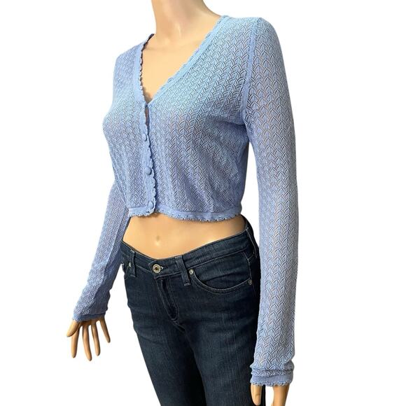 Boden Pointelle Cropped Cardigan XS Long Sleeve Light Blue Cottagecore Coquette - Picture 2 of 10